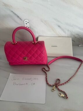 CHANEL Hot Pink Quilted caviar  Top-Handle Mini Bag with Chain Strap